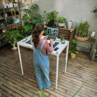 Integrated home workspace with a wood standing desk and natural light