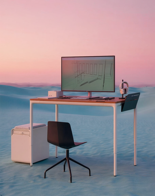 Minimal integrated workspace setup with a modern desk system featuring monitor support, side rail storage, cable-ready organization, and compact seating
