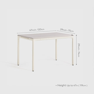 White tenon mini table with dimensions labeled on a light gray background